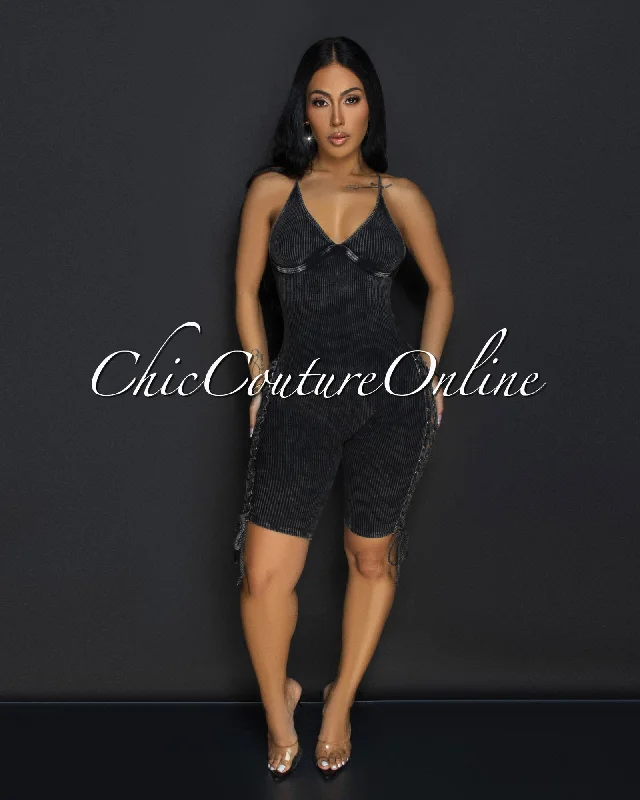 Comfortable Wear Daya Heather Black Ribbed Lace-Up Sides Romper