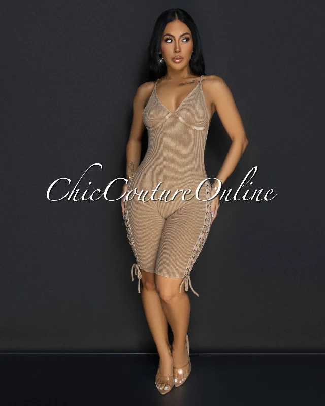 Fashion Pioneer Daya Nude Ribbed Lace-Up Sides Romper