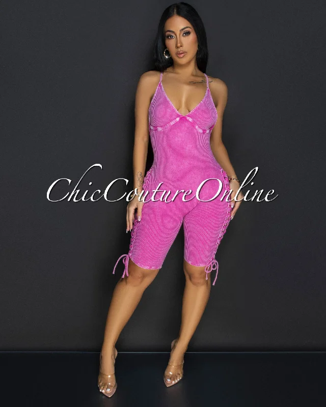 Elegant Series Daya Pink Ribbed Lace-Up Sides Romper