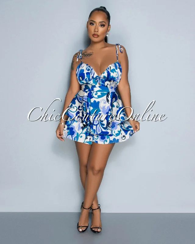 Spring Fashion Desilen Cream Blue Print Ruffle Silky Romper