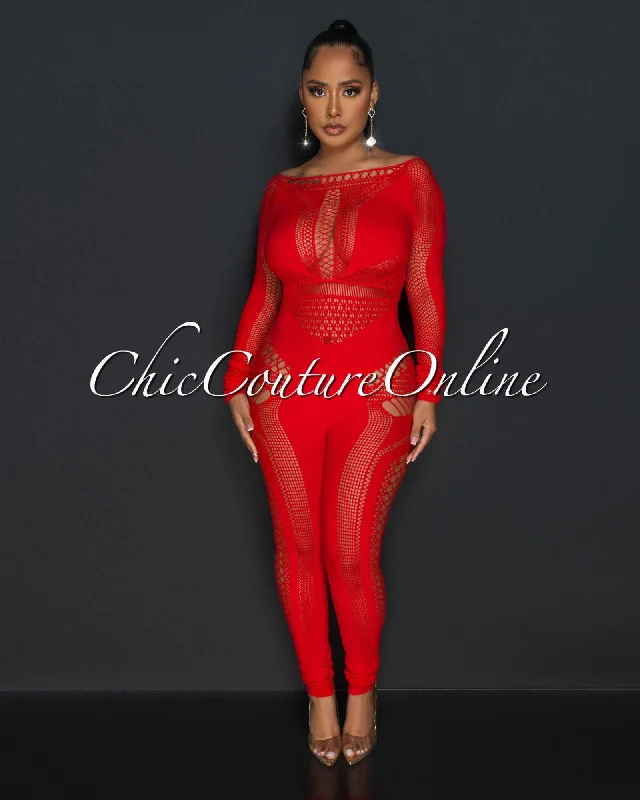 Lively And Youthful Duarte Red BodyCon Sheer Perforated Jumpsuit