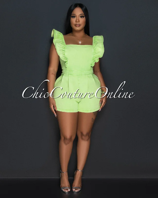 Sports Cool Elena Apple Green Ruffle Sleeves Denim Romper