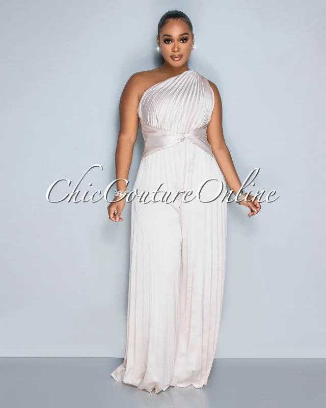Nightclub Style Elizabeth Champaigne Single Shoulder Pleated Jumpsuit