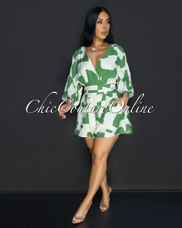 Must-have For Fashion Emba Green Beige Print Romper
