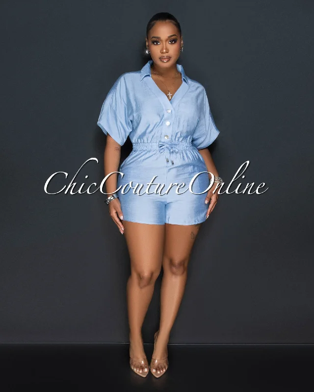 Elegant And Elegant Fausta Baby Blue Front Buttons Utility Romper