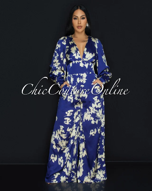 Refreshing Design Foxxy Blue Cream Floral Silky Wide Legs Jumpsuit