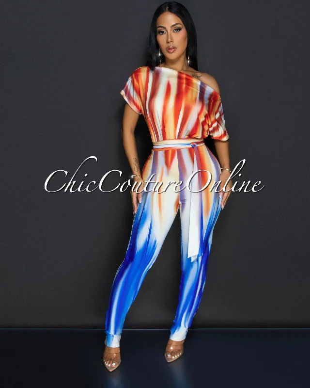 Leisure Sports Fumiko Orange Blue Off-The-Shoulders Jumpsuit
