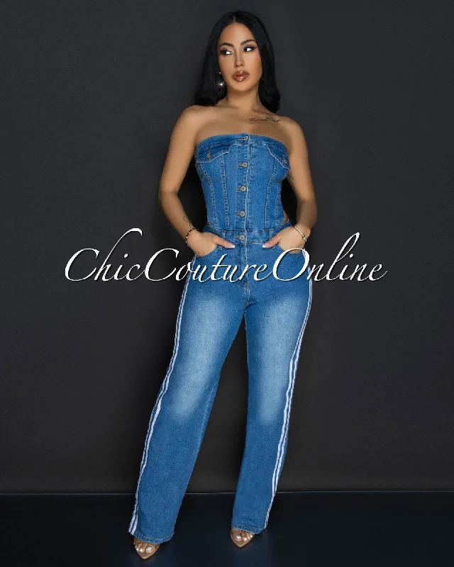 Cool Style Gemine Denim White Stripes Strapless Jumpsuit