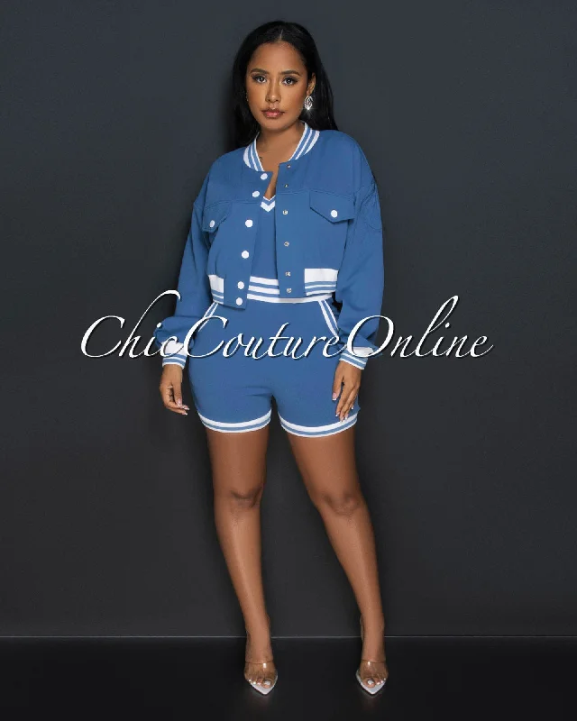 Minimalism German Blue White Trim Romper w Bomber Jacket Set