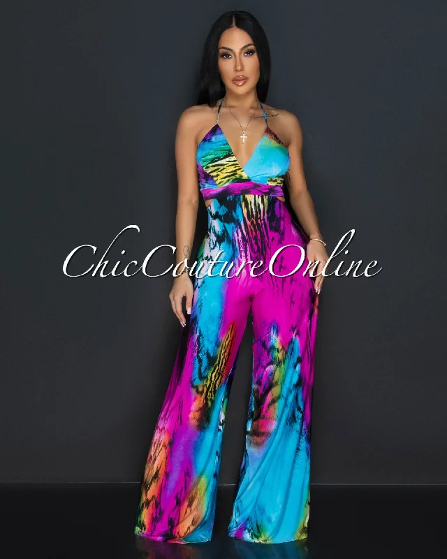 Breathable Comfort Hadya Fuchsia Turquoise Print Halter Cut-Out Jumpsuit