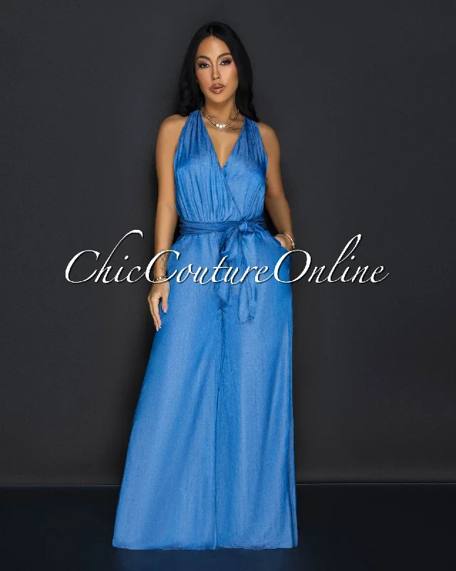 European Plan Halana Medium Denim Chambray Halter Jumpsuit