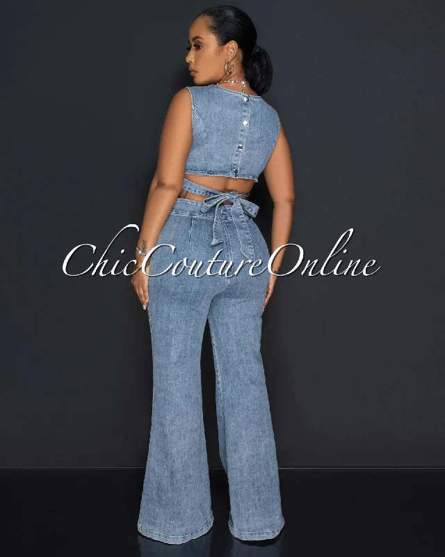 Stylish Casuals Houston Acid Wash Denim Back Key-Hole Tie Jumpsuit