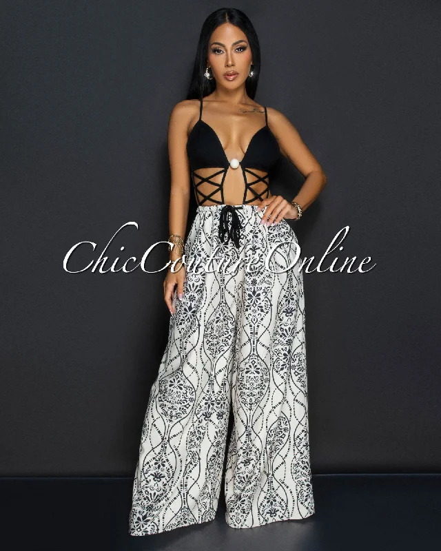 High-end Sense Ily Black Beige Cut Out Top Widelegs Jumpsuit