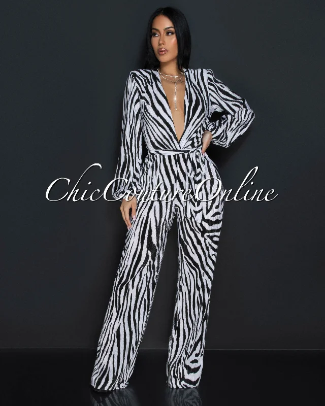 Breathable Style Jalia Black White Zebra Print Deep V-Neck Jumpsuit