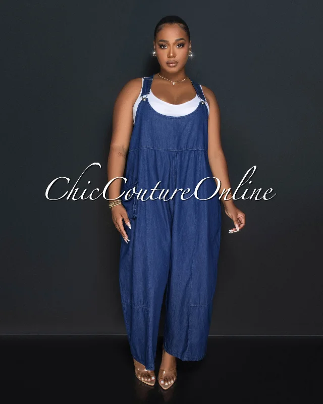 All-Day Comfort Jamie Dark Denim Overall Wide Legs Jumpsuit