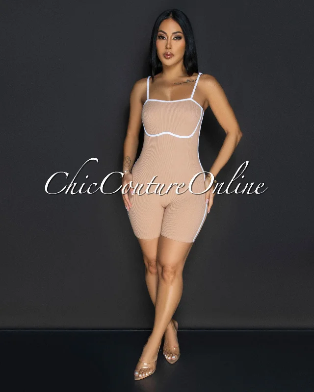 High-end Fashion Jona Nude White Trim Sculpting Romper