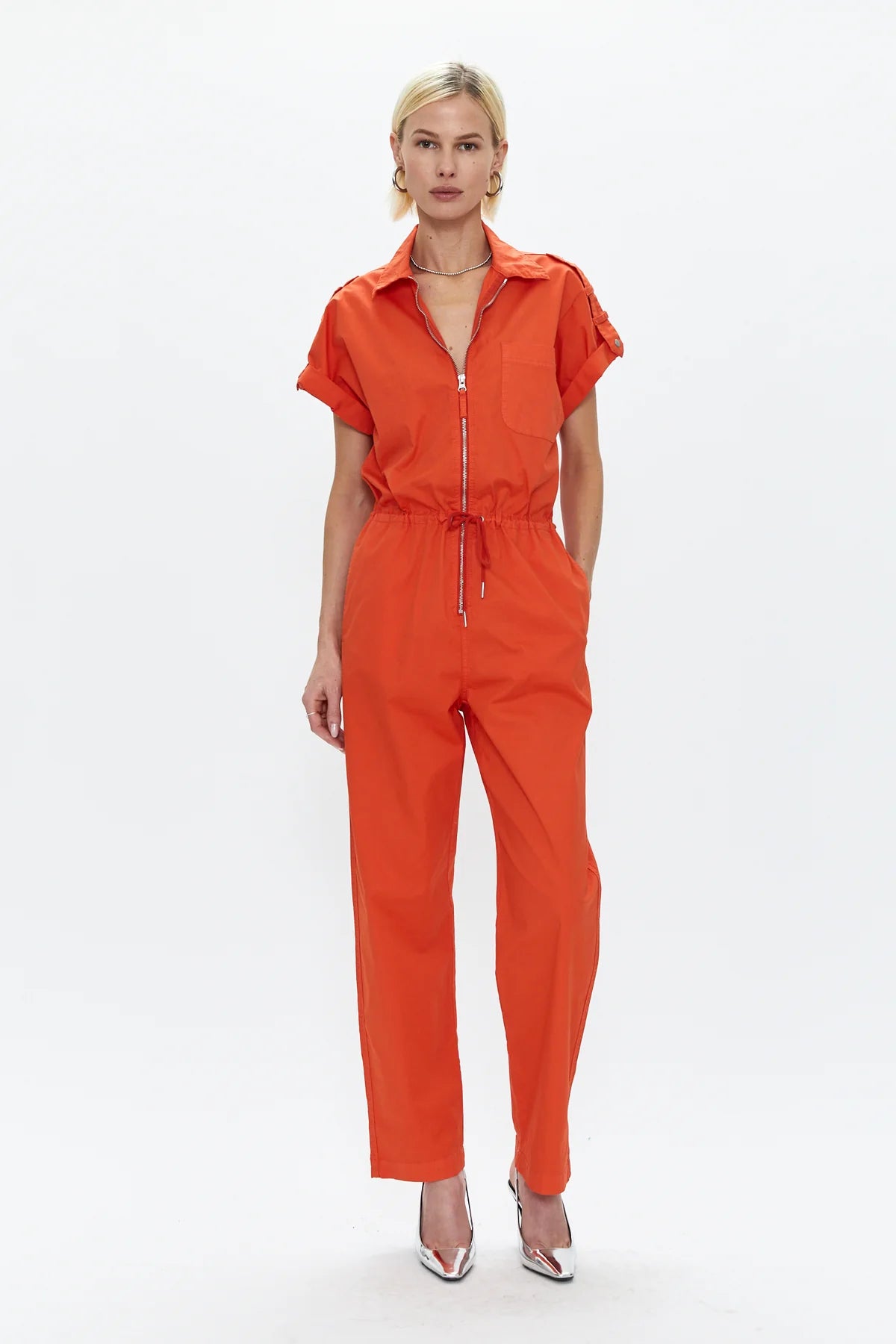 Cute Design Pistola Jordan Short Sleeve Zip Front Jumpsuit in Poppy