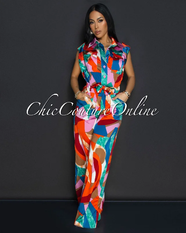 Sweet Breath Kenji Red Color Block Cargo Silk Jumpsuit