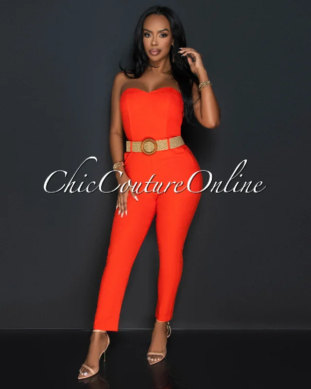 Soft Feel Kristi Orange Strapless Woven Belt Slim Legs Jumpsuit