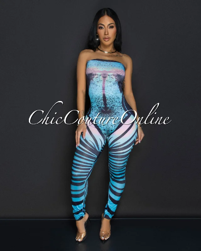 Lace Design Kyana Blue Black Strapless Bodycon Jumpsuit