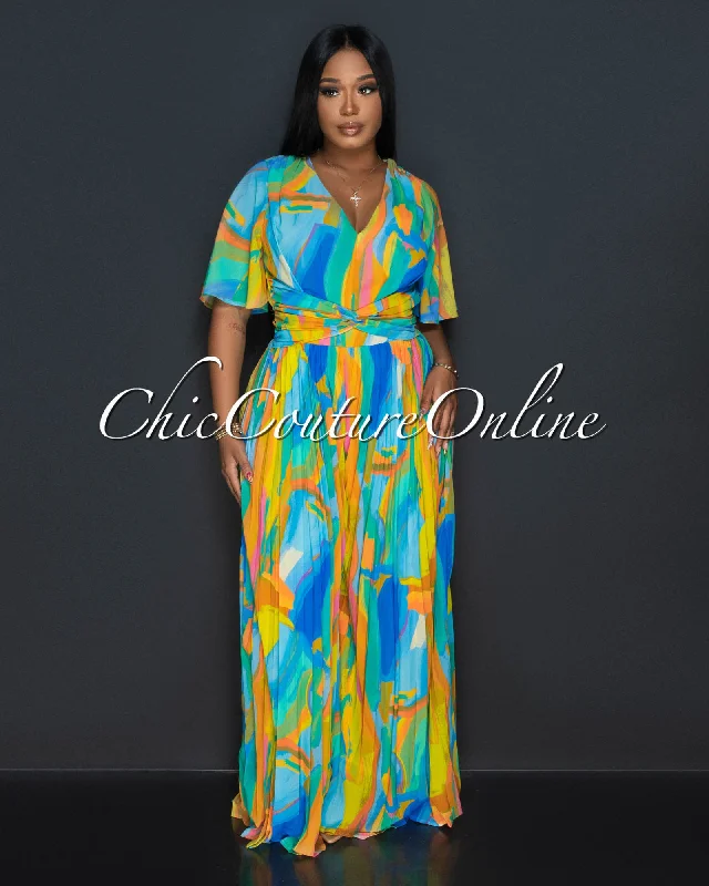 Diamond Series Layla Green Blue Print Pleated Legs Jumpsuit