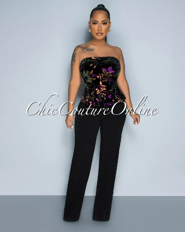 Light Dressing Liana Black Iridescent Sequins Velvet Top Peplum Jumpsuit