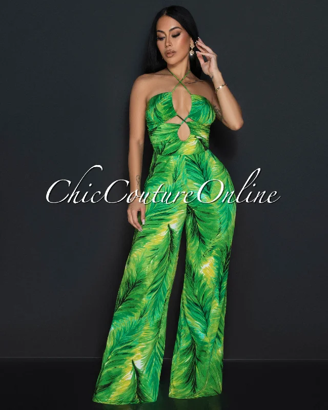 Classic And Versatile Lille Green Leaf Print Halter Cut-Out Jumpsuit
