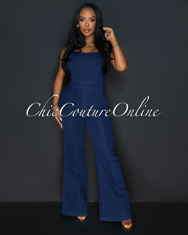 Cozy Fitting Lina Dark Denim Sleeveless Wide Legs Jumpsuit