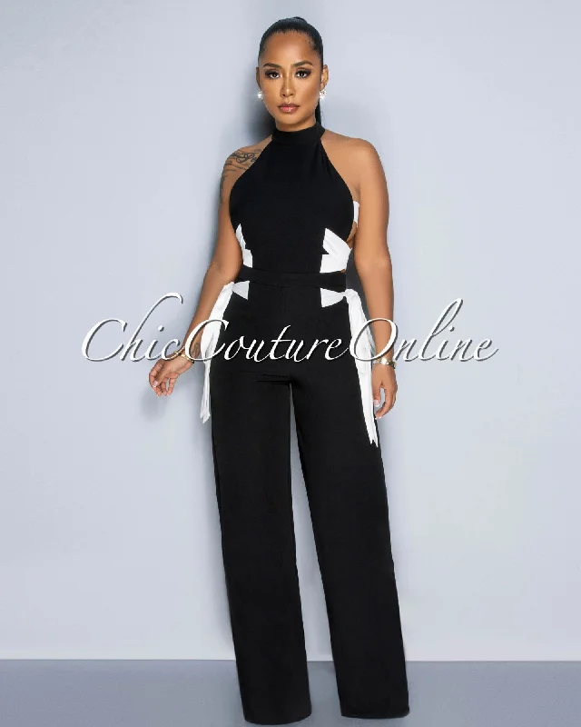 Stylish Jackets Lomita Black White Straps Open Sides Jumpsuit