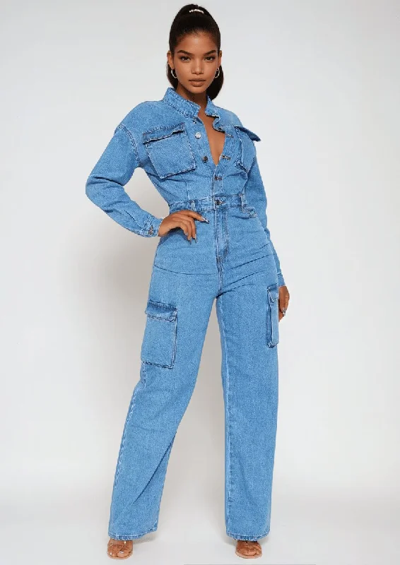 Fresh And Natural Long Sleeve Denim Jumspuit
