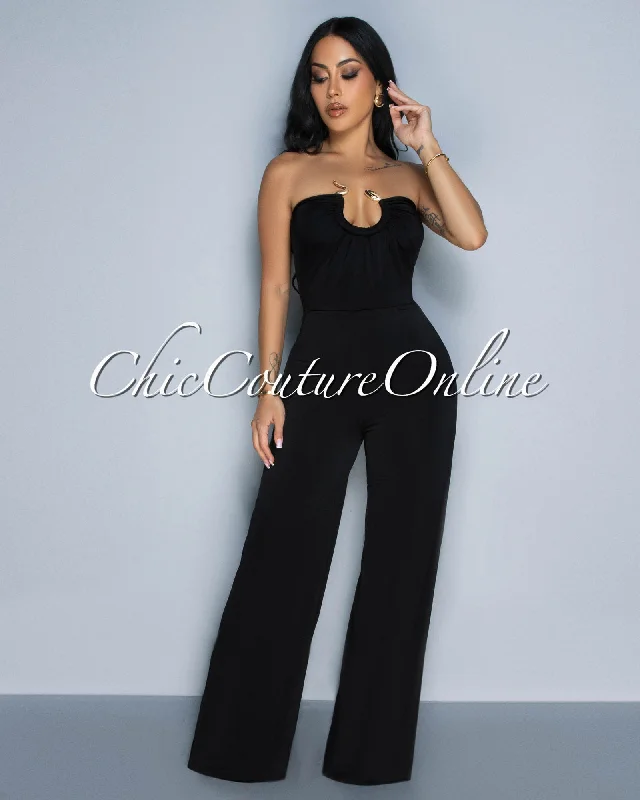 Fashion Must-have Lyla Black Snake Gold Accent Strapless Jumpsuit