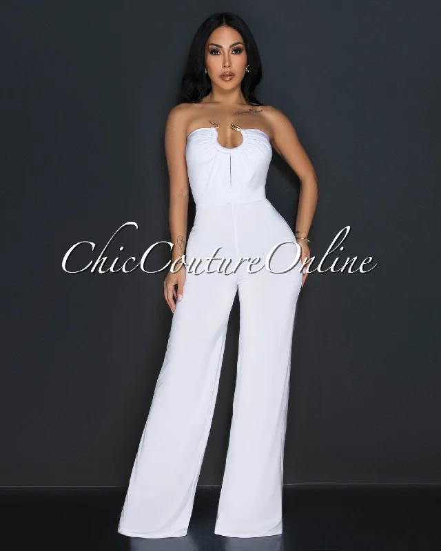 Daily Comfort Lyla White Snake Gold Accent Strapless Jumpsuit