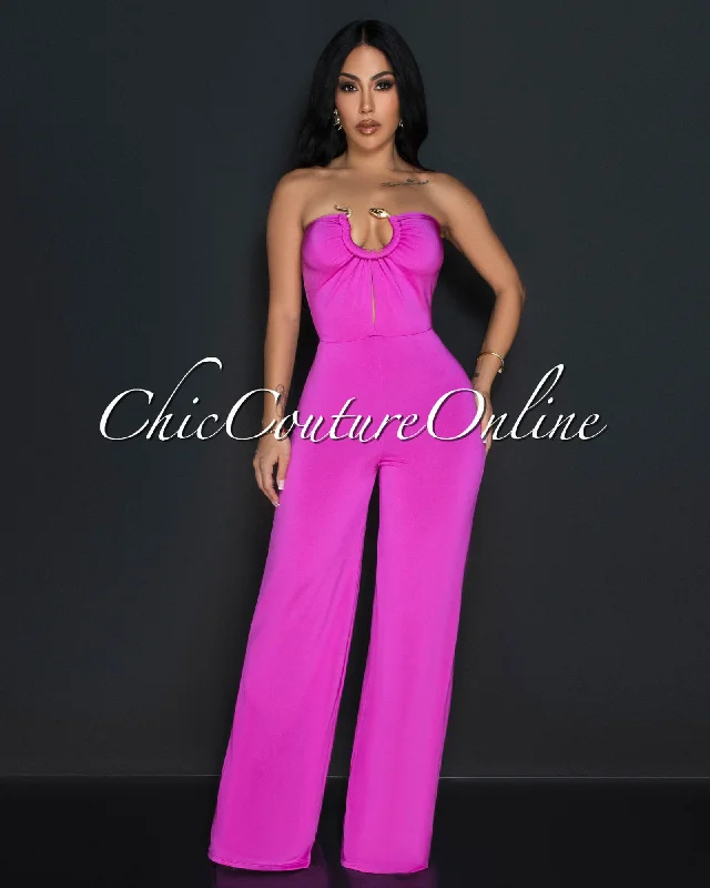 Relaxed Style Lyla Fuchsia Snake Gold Accent Strapless Jumpsuit
