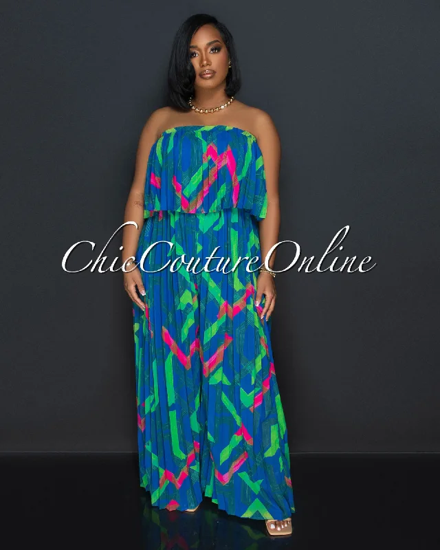 Relaxed Looks Magalie Royal Blue Print Strapless Pleated Jumpsuit