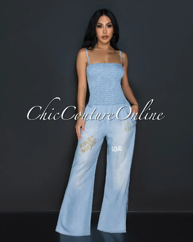 Elegant And Charming Malaya Light Denim Glitter Design Smocked Top Widelegs Jumpsuit