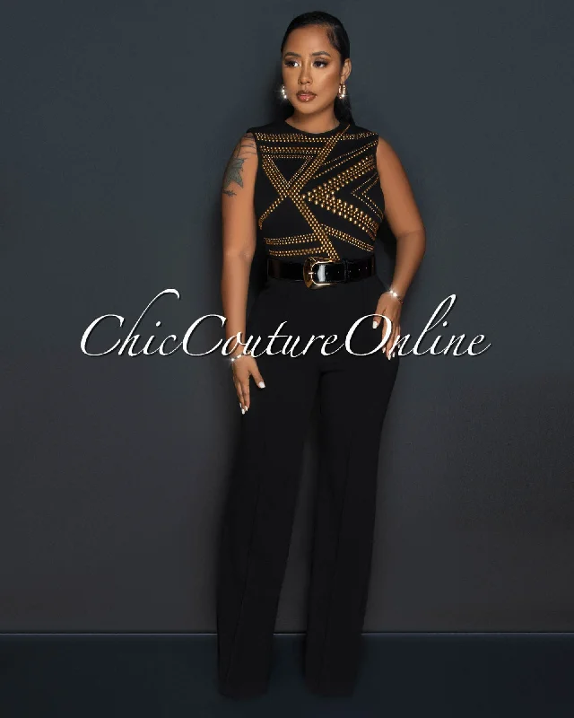 Modern City Marlisa Black Gold Studs Gold Buckle Belt Jumpsuit