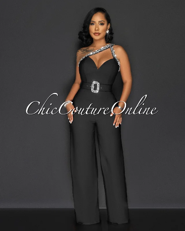 Comfortable Sweaters Montse Black Rhinestones Neckline Silver Buckle Belt Jumpsuit