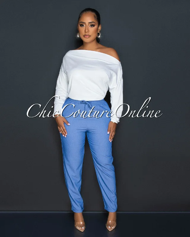 End Of The Year Melinda White Top Blue Chambray Two-Tone Jumpsuit