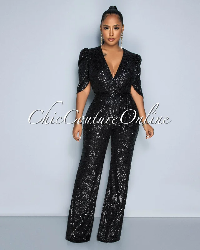 Sports Fashion Mellie Black Sequins Bubble Sleeves Jumpsuit