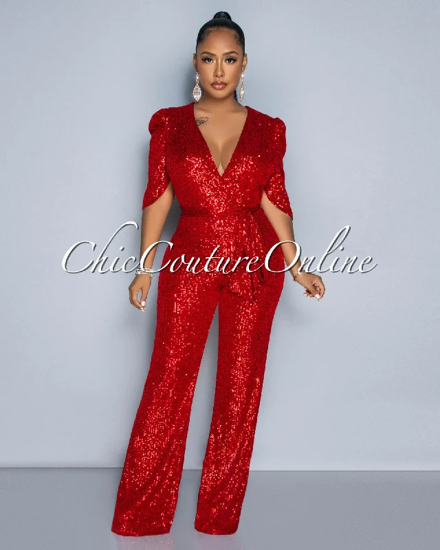 Slim Fit Mellie Red Sequins Bubble Sleeves Jumpsuit