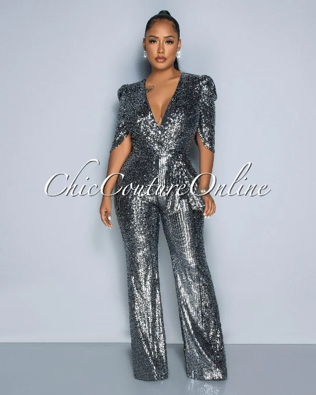 Elegant Style Mellie Silver Black Sequins Bubble Sleeves Jumpsuit