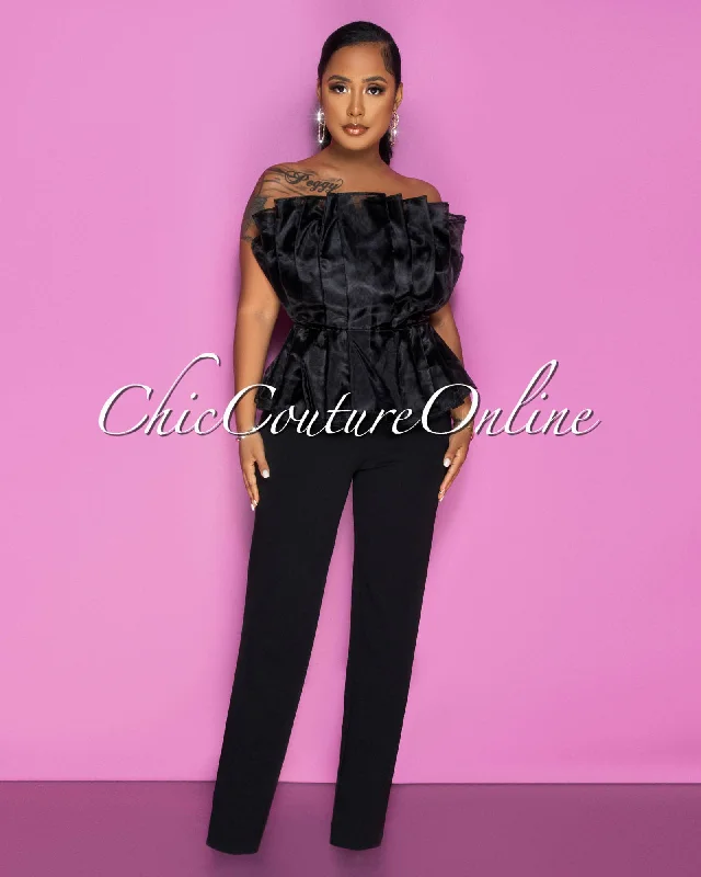 Fresh And Simple Mikela Black Tulle Pleated Peplum Top Jumpsuit