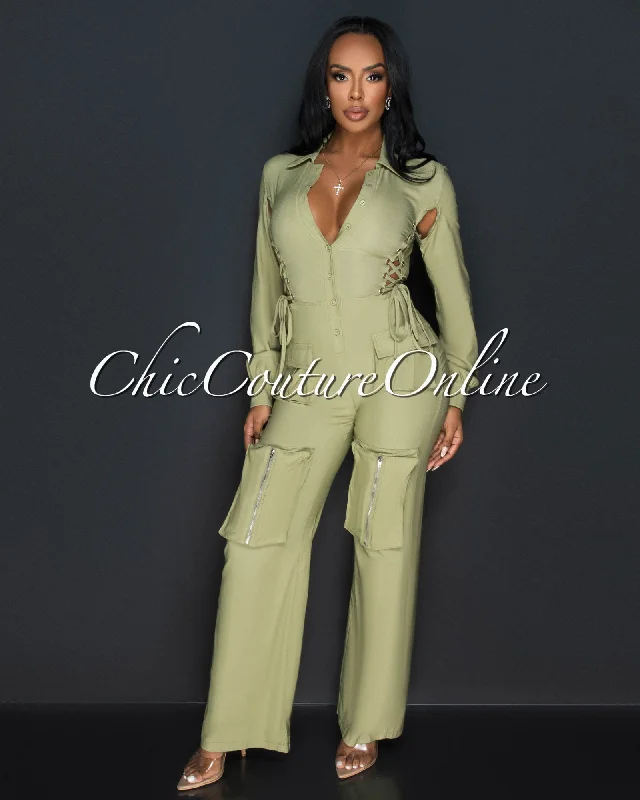 Outdoor Trend Milina Olive Green Long Sleeves Cargo Jumpsuit