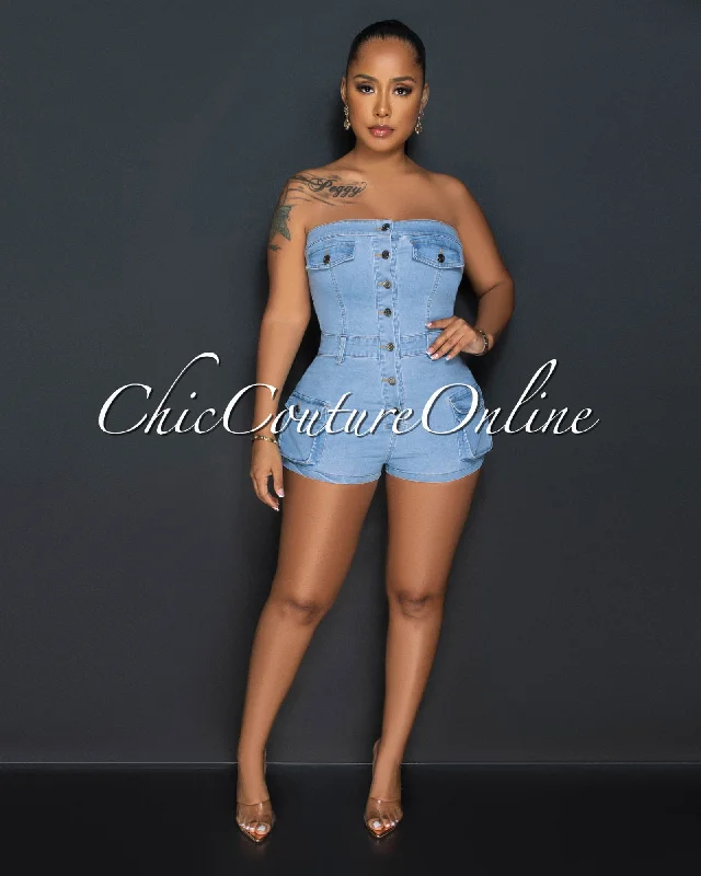 Warm Atmosphere Molara Light Denim Strapless Cargo Romper