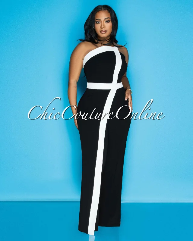 British Style Nayoka Black White Strapless Jumpsuit