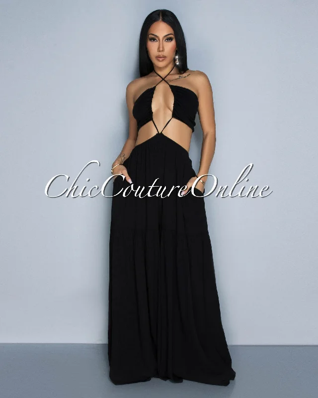 Effortless Elegance Olea Black Halter Cut-Out Widelegs Jumpsuit