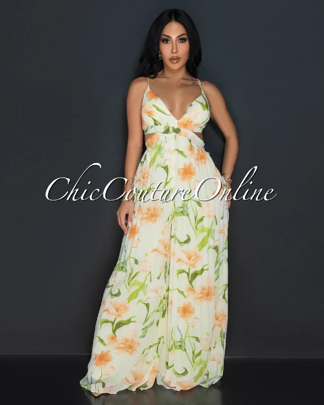 Casual Elegance Lanu Green Orange Floral Halter Pleated Widelegs Jumpsuit