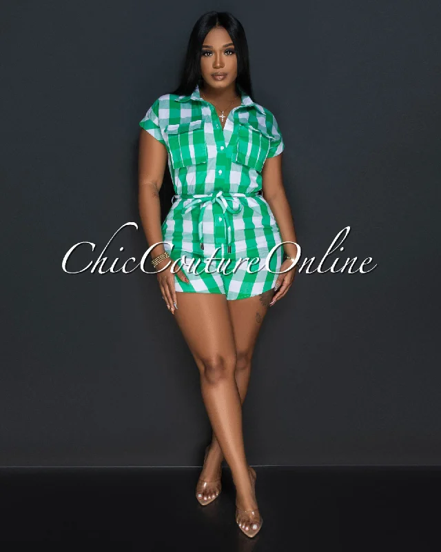 Unique Design Olinda Green White Plaid Print Utility Romper