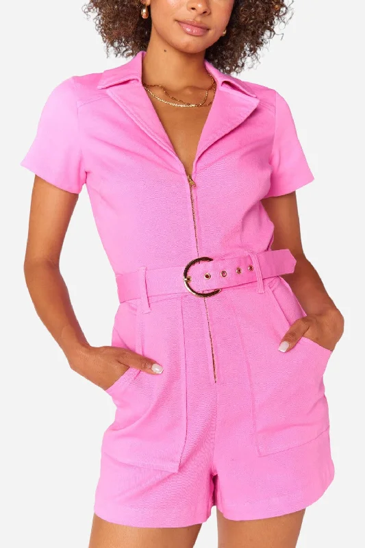 Stylish Jackets Show Me Your Mumu Outlaw Romper in Bubblegum Pink Denim