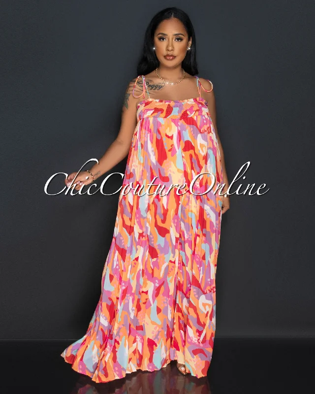 Cozy Outerwear Passie Pink Orange Print Wide Pleated Jumpsuit